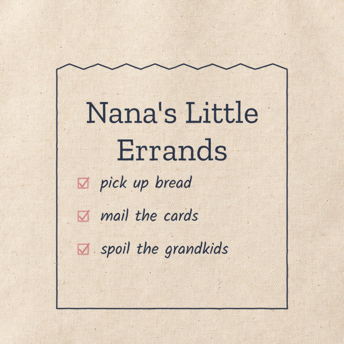 Close-up of the “Nana's Little Errands” print on cotton canvas.