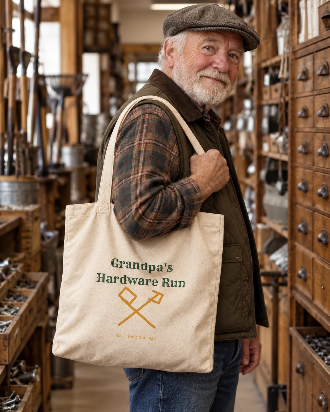 Carrynote grandpas hardware run tote in a styled digital lifestyle image.