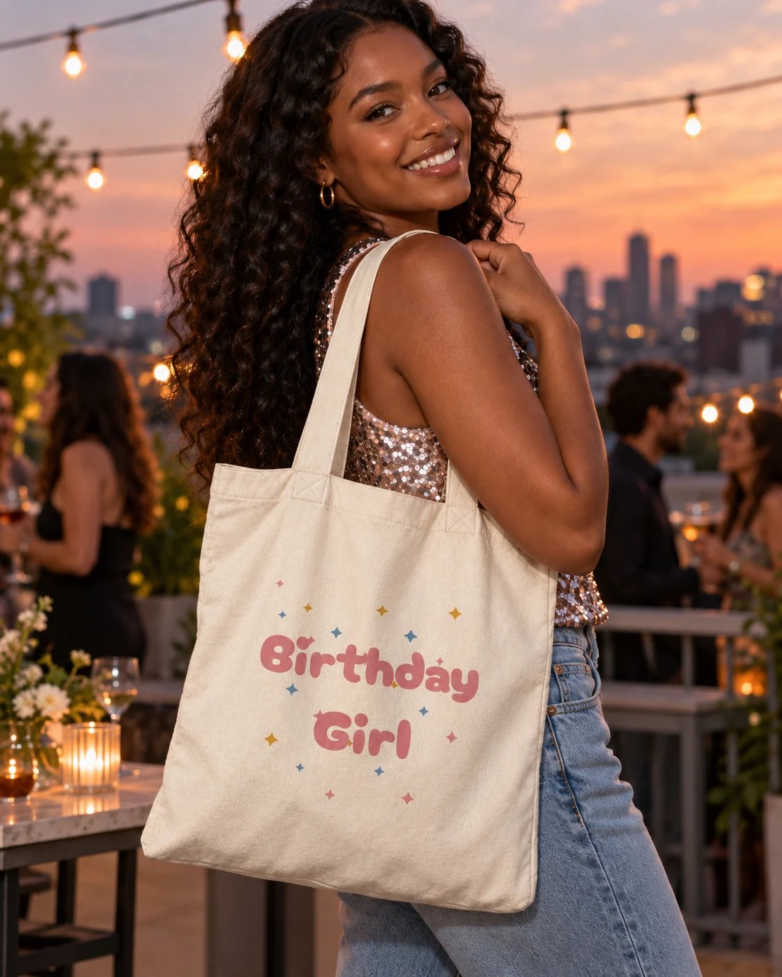 Carrynote birthday girl tote in a styled digital lifestyle image.