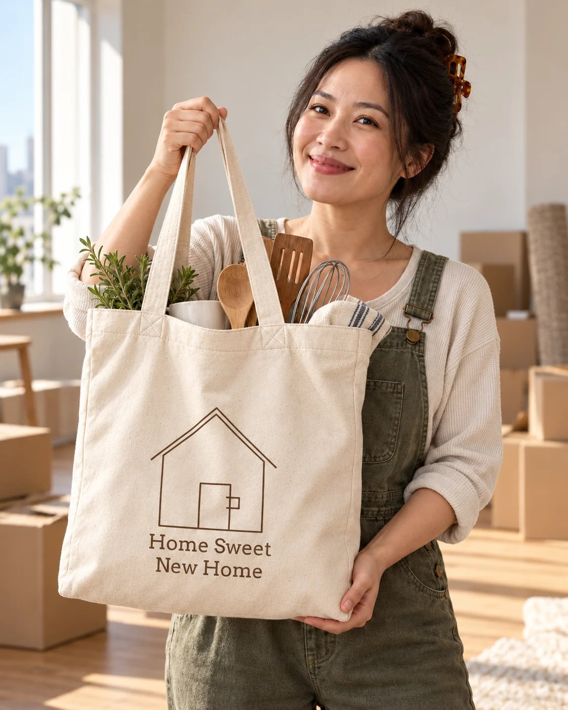 Carrynote home sweet new home tote in a styled digital lifestyle image.