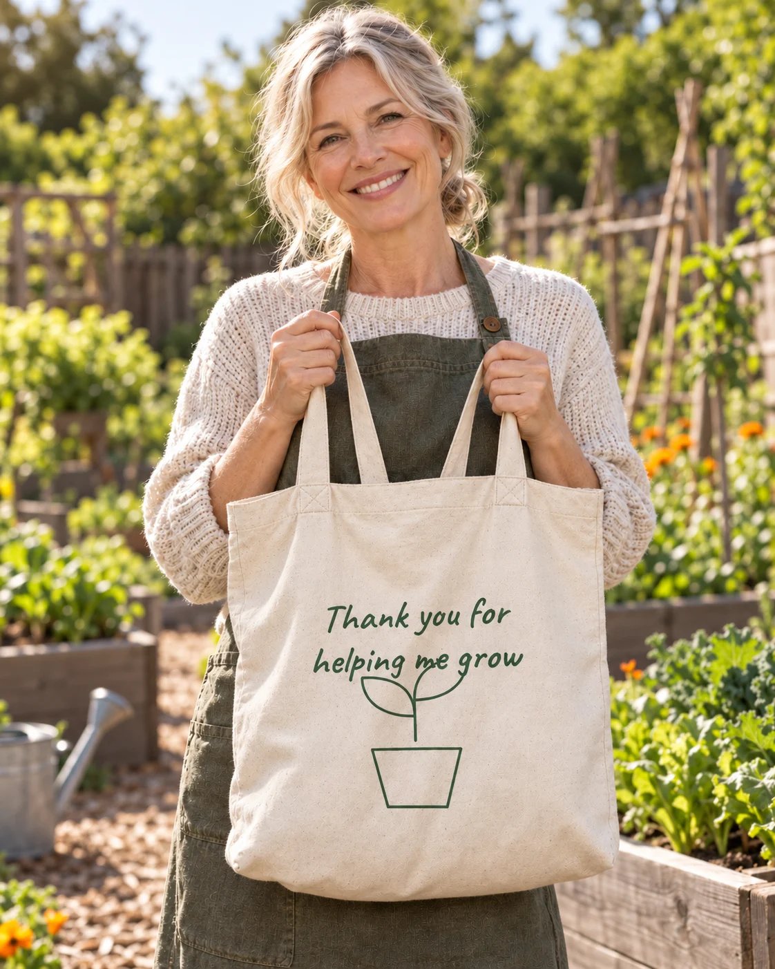 Carrynote thank you for helping me grow tote in a styled digital lifestyle image.