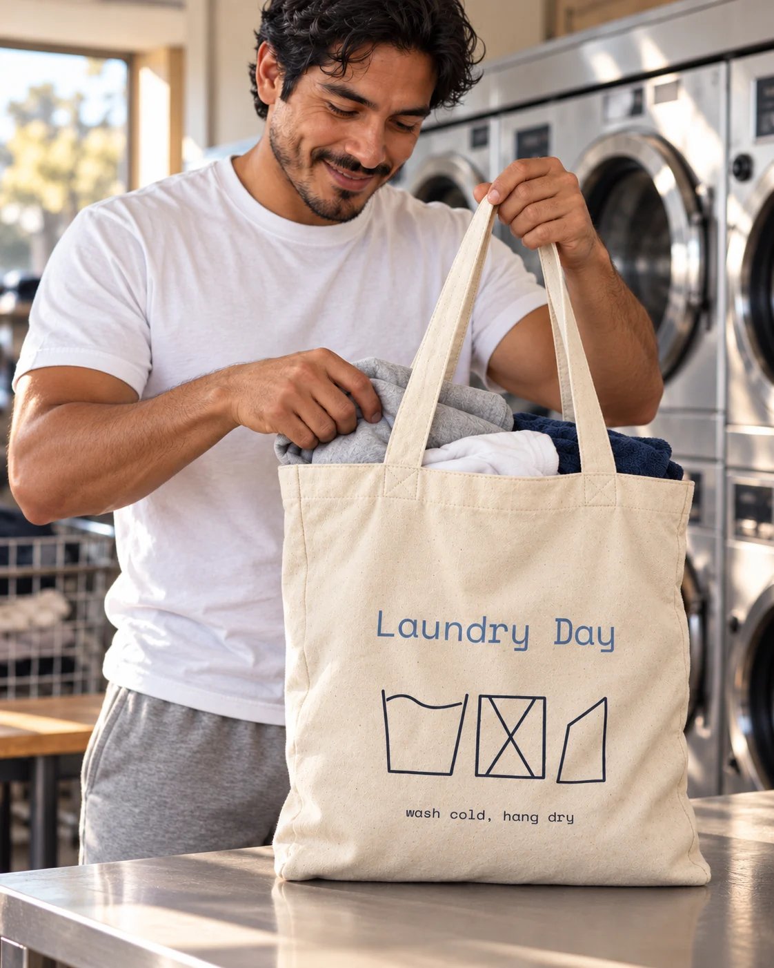 Carrynote laundry day tote in a styled digital lifestyle image.