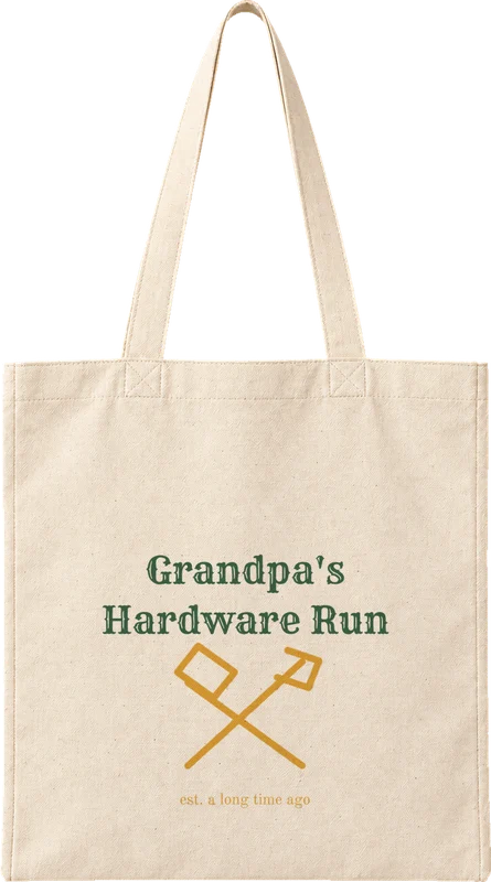 Natural canvas tote printed with Grandpa's Hardware Run