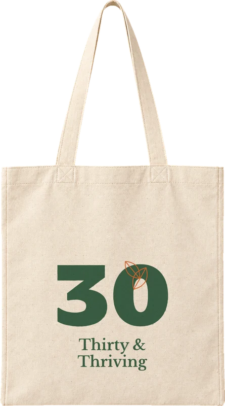 Natural canvas tote printed with Thirty & Thriving