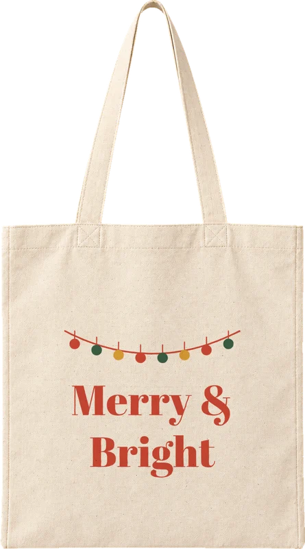 Natural canvas tote printed with Merry & Bright