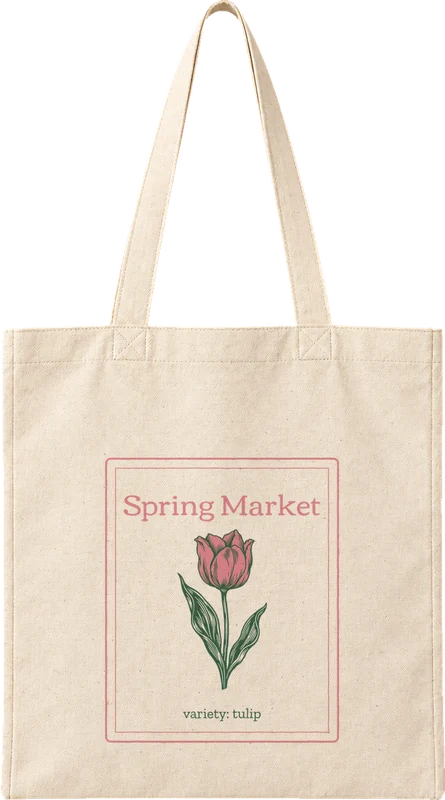 Natural canvas tote printed with Spring Market