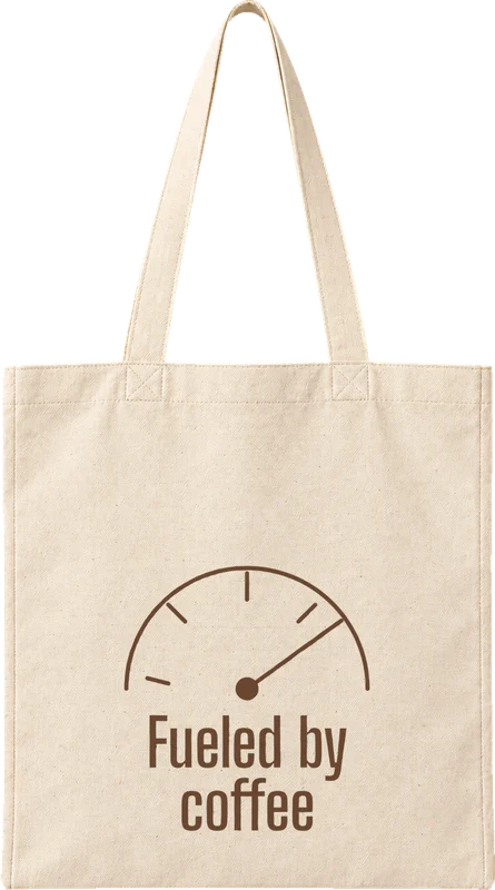 Natural canvas tote printed with Fueled by coffee