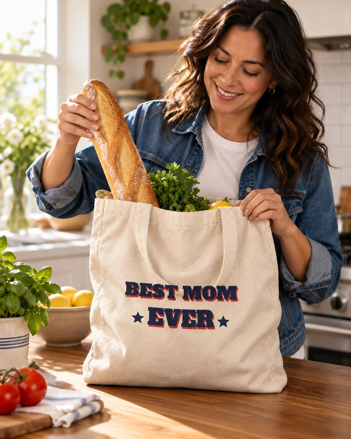 Carrynote best mom ever tote in a styled digital lifestyle image.