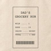 Close-up of the “DAD'S GROCERY RUN” print on cotton canvas.