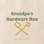 Close-up of the “Grandpa's Hardware Run” print on cotton canvas.
