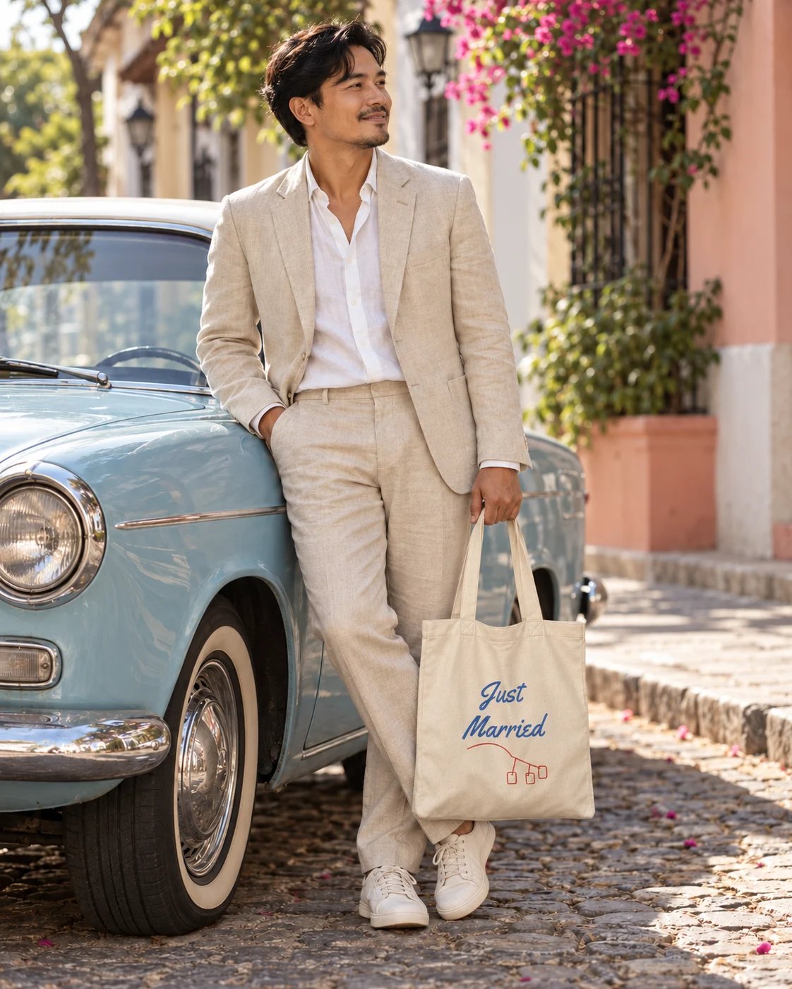 Carrynote just married tote in a styled digital lifestyle image.