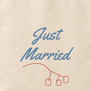 Close-up of the “Just Married” print on cotton canvas.