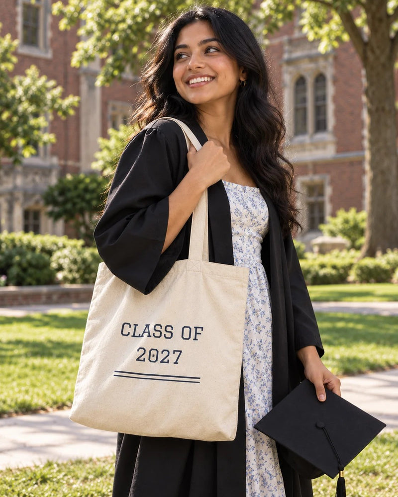 South asian woman carrying a natural canvas tote printed with “CLASS OF 2027” in navy, marigold. Styled digital image.
