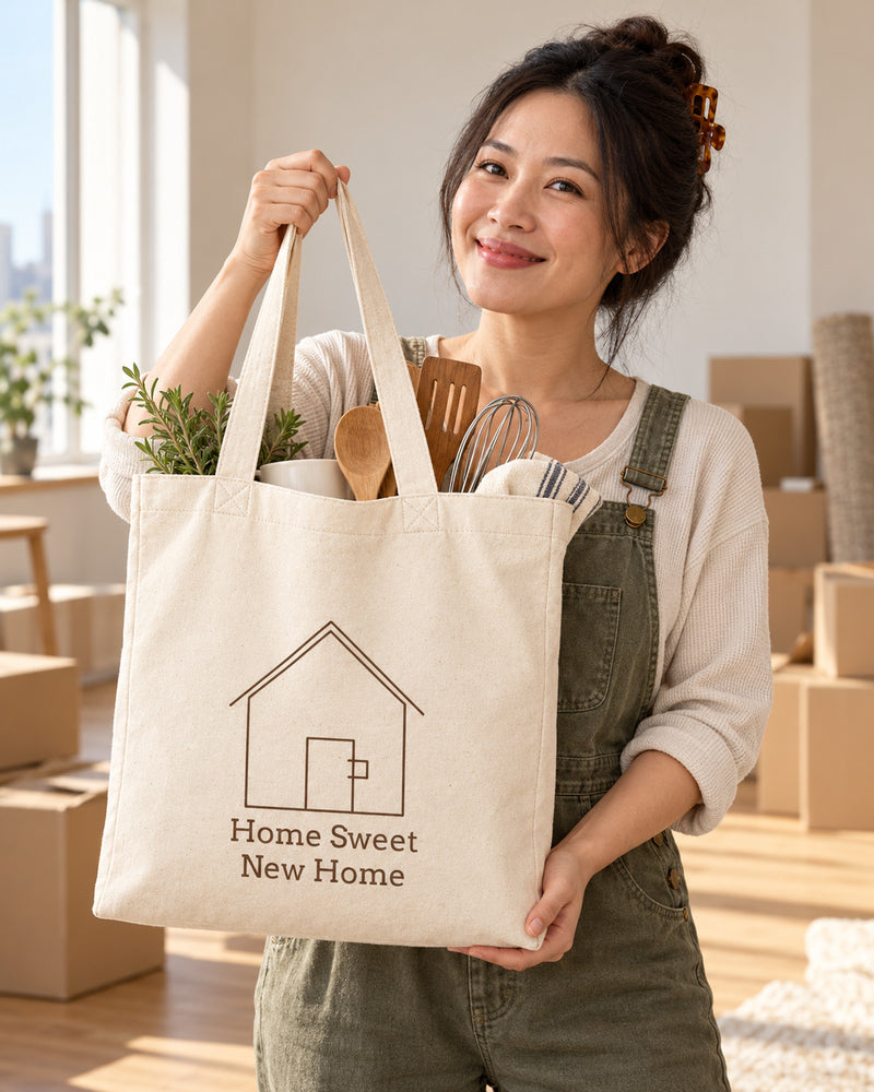 Vietnamese woman carrying a natural canvas tote printed with “Home Sweet New Home” in cocoa, forest. Styled digital image.