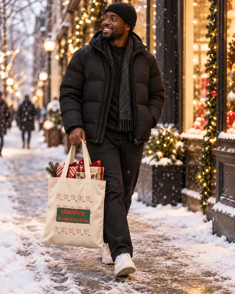 Black man carrying a natural canvas tote printed with “Holiday Shopping Bag” in red, forest. Styled digital image.
