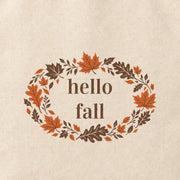 Close-up of the “hello fall” print on cotton canvas.