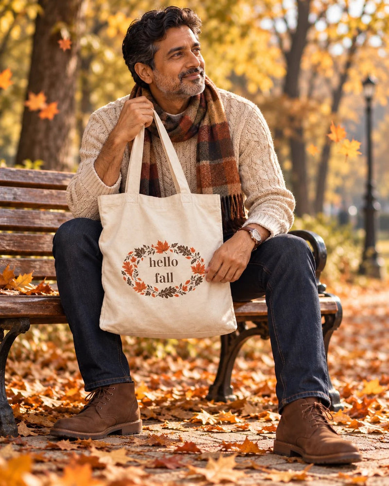 South asian man carrying a natural canvas tote printed with “hello fall” in cocoa, orange, marigold. Styled digital image.