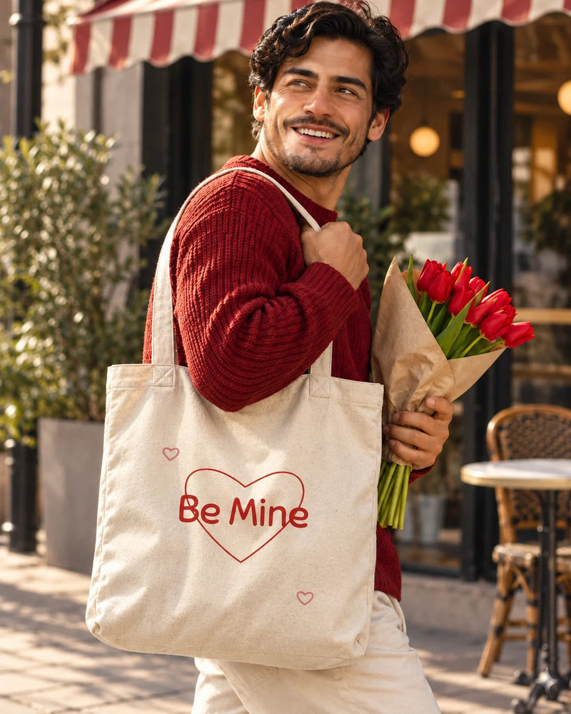 Latino man carrying a natural canvas tote printed with “Be Mine” in red, rose. Styled digital image.