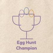 Close-up of the “Egg Hunt Champion” print on cotton canvas.
