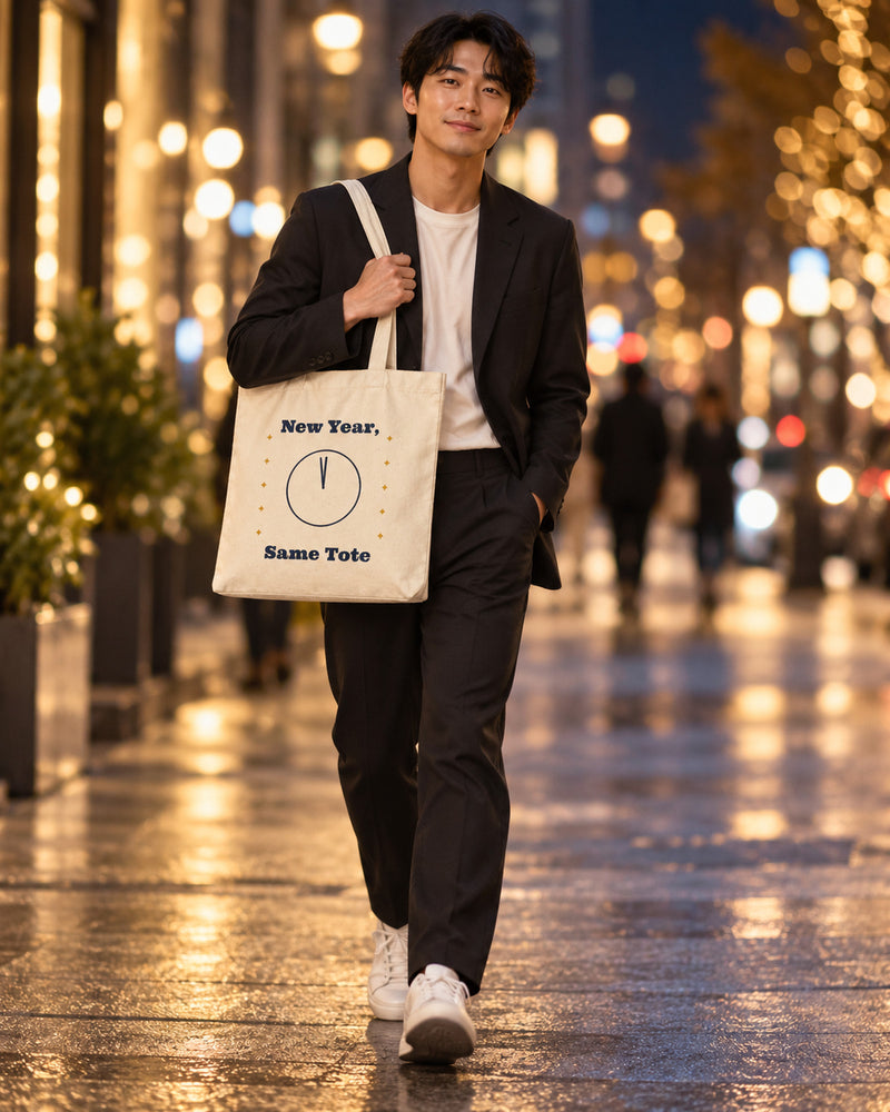 East asian man carrying a natural canvas tote printed with “New Year, Same Tote” in navy, marigold. Styled digital image.