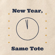 Close-up of the “New Year, Same Tote” print on cotton canvas.