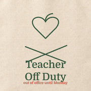 Close-up of the “Teacher Off Duty” print on cotton canvas.