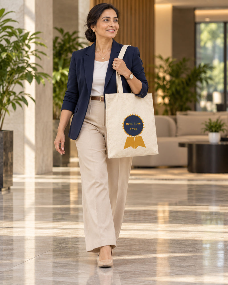 Indian woman carrying a natural canvas tote printed with “Best Boss Ever” in marigold, navy. Styled digital image.