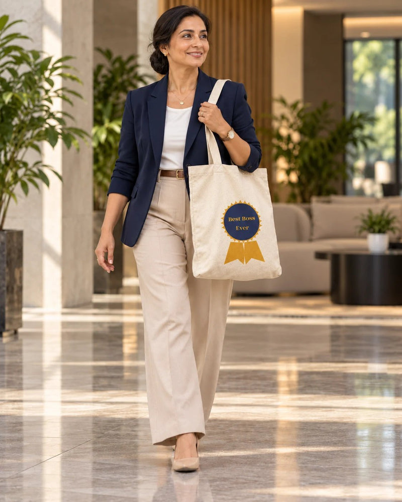 Indian woman carrying a natural canvas tote printed with “Best Boss Ever” in marigold, navy. Styled digital image.
