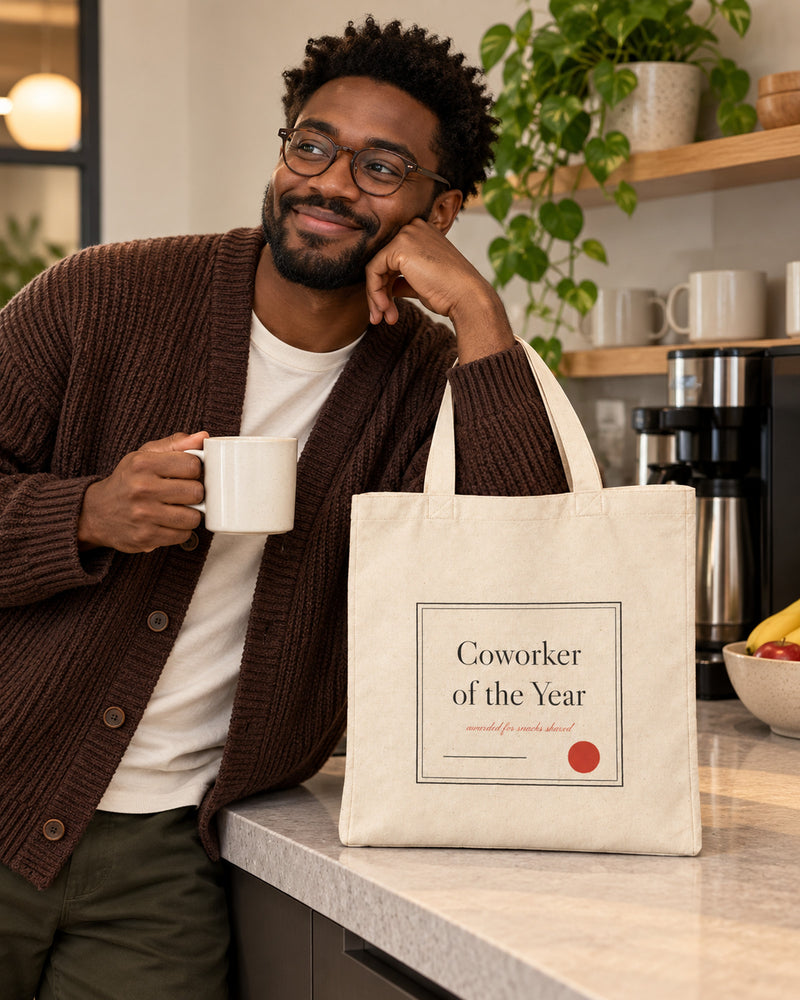Black man carrying a natural canvas tote printed with “Coworker of the Year” in black, red. Styled digital image.
