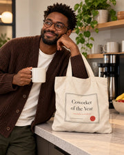 Carrynote coworker of the year tote in a styled digital lifestyle image.