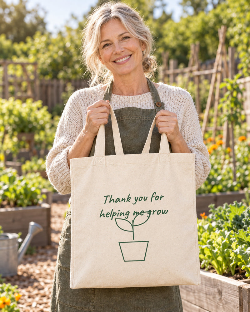 White woman carrying a natural canvas tote printed with “Thank you for helping me grow” in forest. Styled digital image.