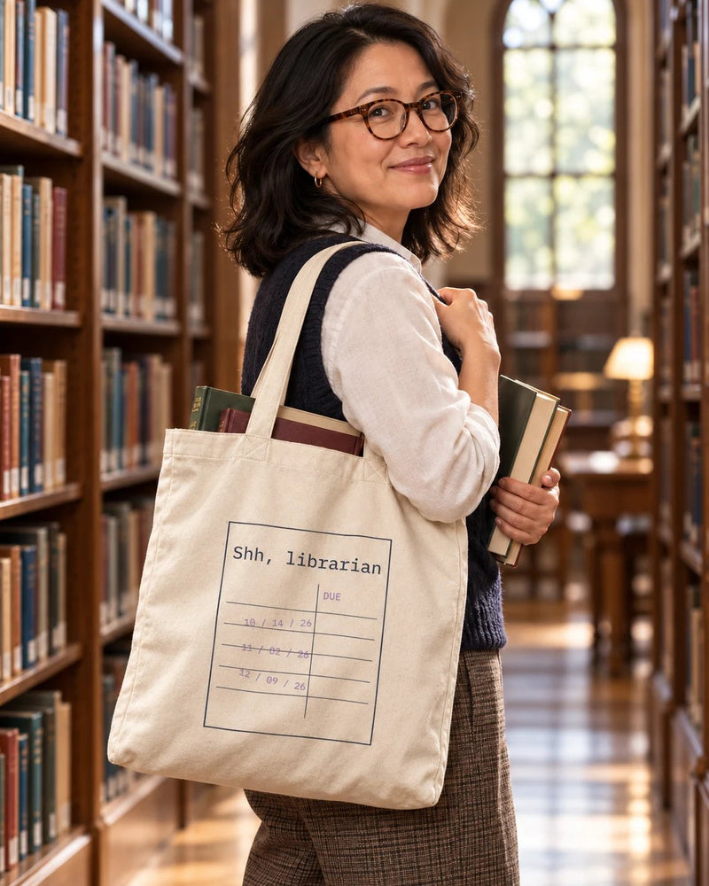 Chinese-american woman carrying a natural canvas tote printed with “Shh, librarian” in navy, lilac. Styled digital image.