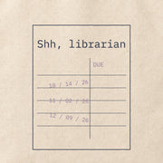 Close-up of the “Shh, librarian” print on cotton canvas.