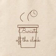 Close-up of the “Barista off the clock” print on cotton canvas.
