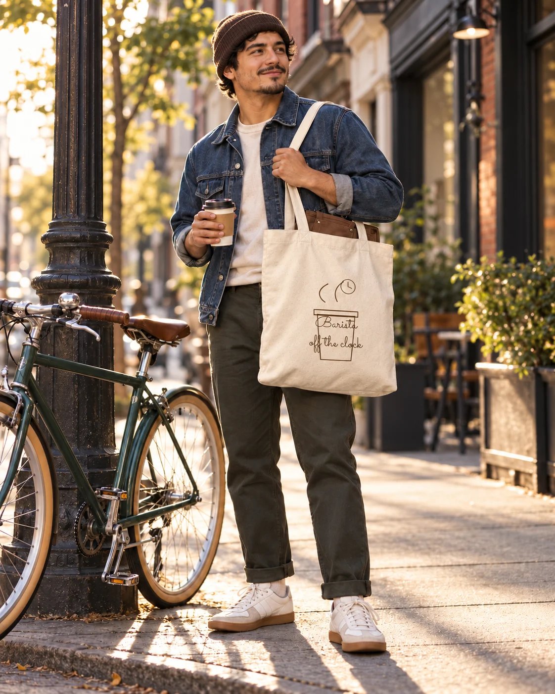 Carrynote barista off the clock tote in a styled digital lifestyle image.