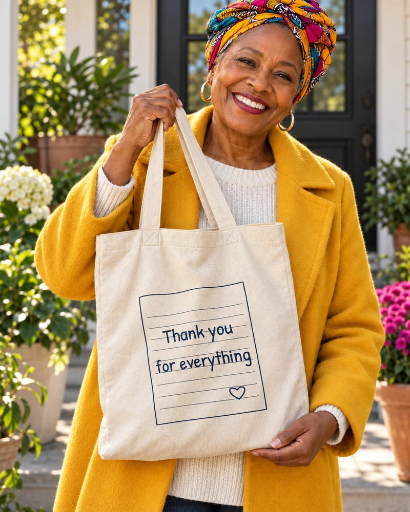 Black woman carrying a natural canvas tote printed with “Thank you for everything” in navy. Styled digital image.