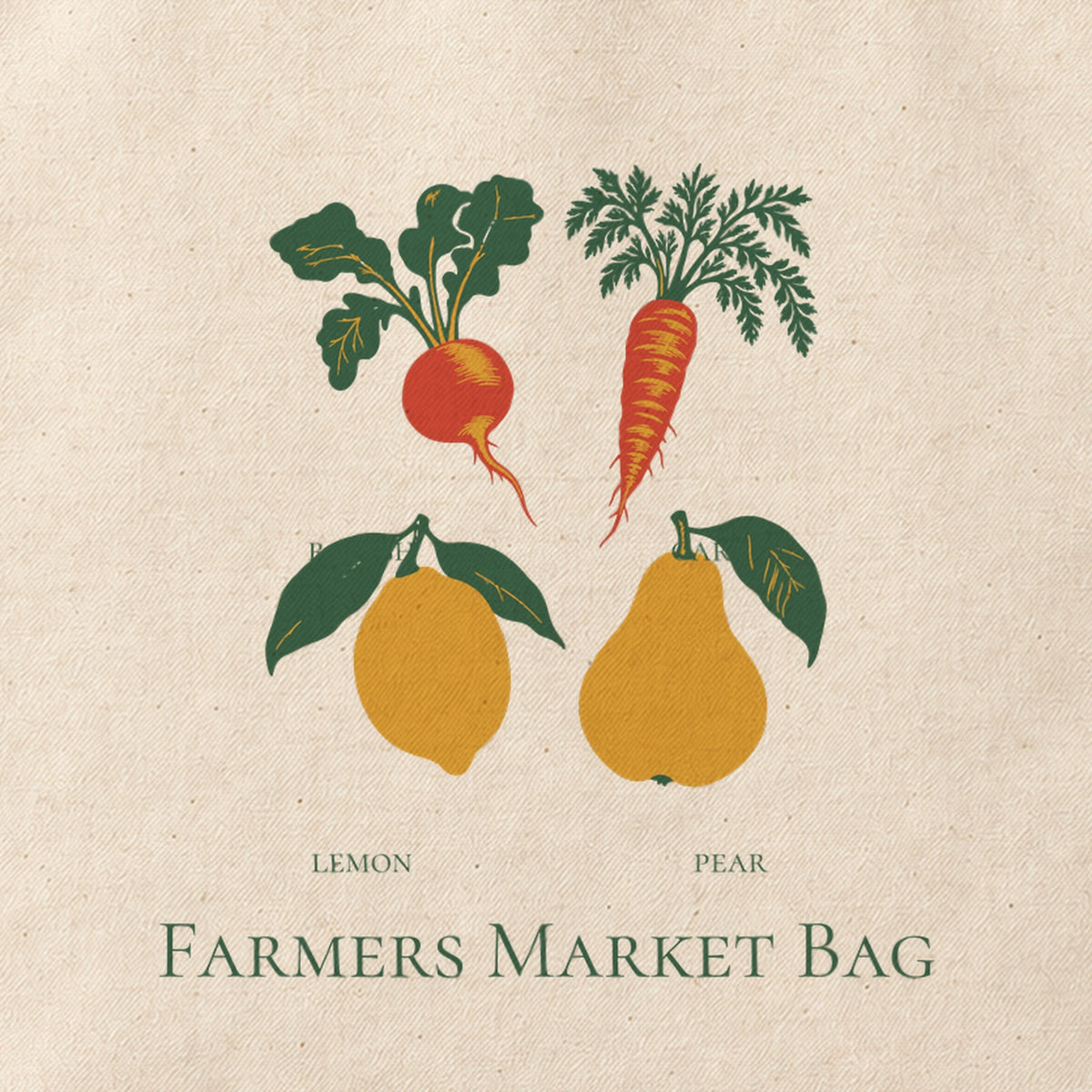 Close-up of the “Farmers Market Bag” print on cotton canvas.