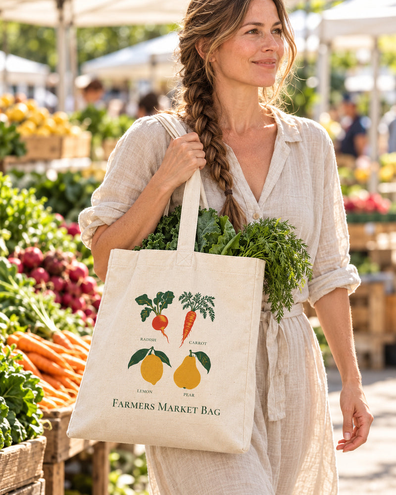White woman carrying a natural canvas tote printed with “Farmers Market Bag” in forest, red, marigold. Styled digital image.