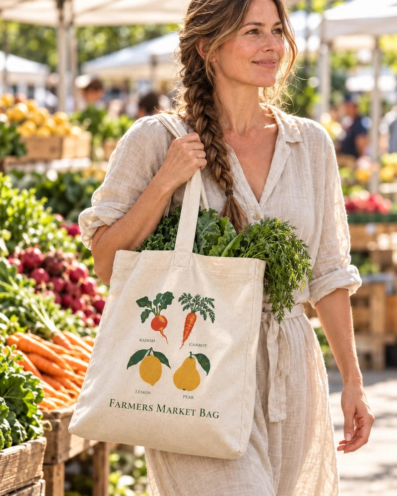 White woman carrying a natural canvas tote printed with “Farmers Market Bag” in forest, red, marigold. Styled digital image.