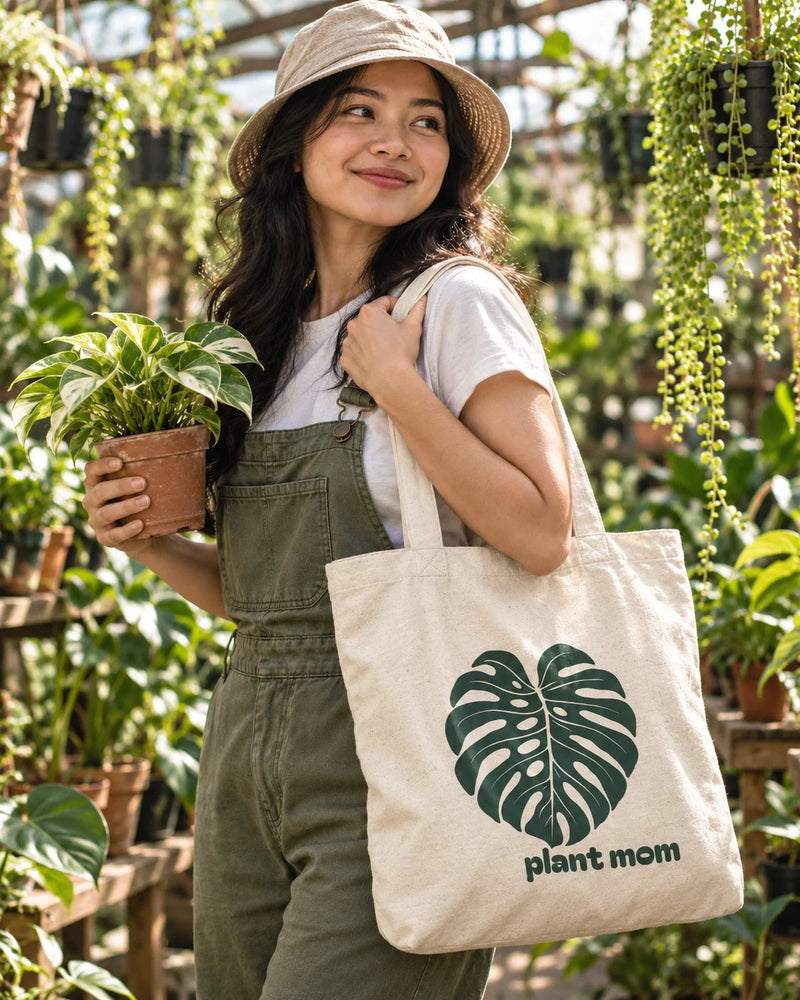 Southeast asian woman carrying a natural canvas tote printed with “plant mom” in forest. Styled digital image.