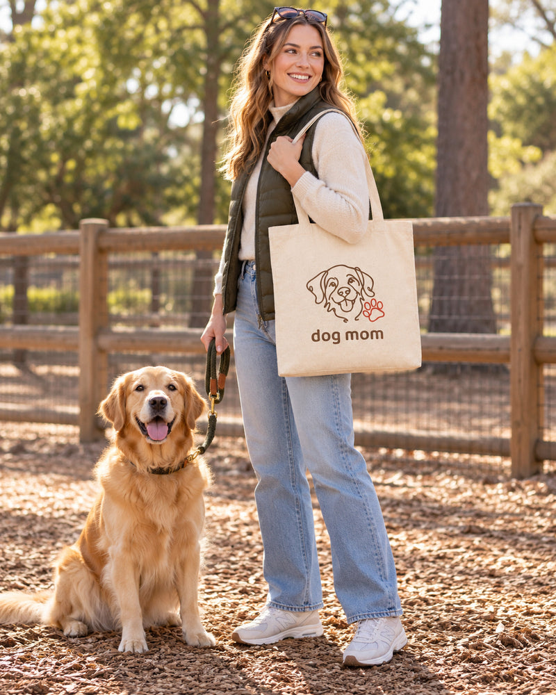 White woman carrying a natural canvas tote printed with “dog mom” in cocoa, red. Styled digital image.