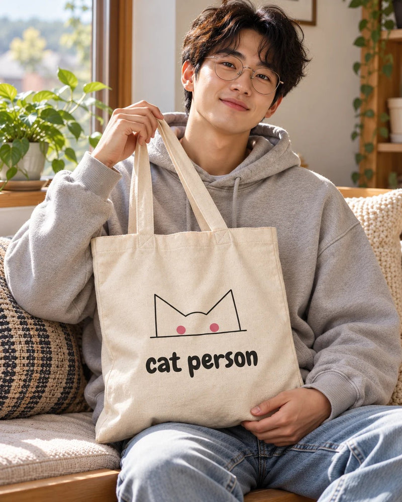 East asian man carrying a natural canvas tote printed with “cat person” in black, rose. Styled digital image.