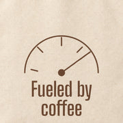 Close-up of the “Fueled by coffee” print on cotton canvas.