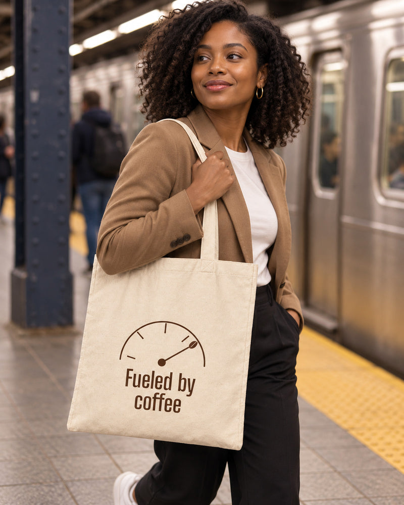 Black woman carrying a natural canvas tote printed with “Fueled by coffee” in cocoa, orange. Styled digital image.