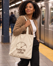 Carrynote fueled by coffee tote in a styled digital lifestyle image.