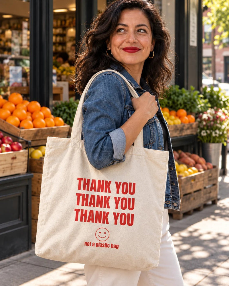 Latina woman carrying a natural canvas tote printed with “THANK YOU” in red. Styled digital image.