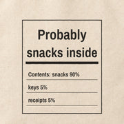 Close-up of the “Probably snacks inside” print on cotton canvas.