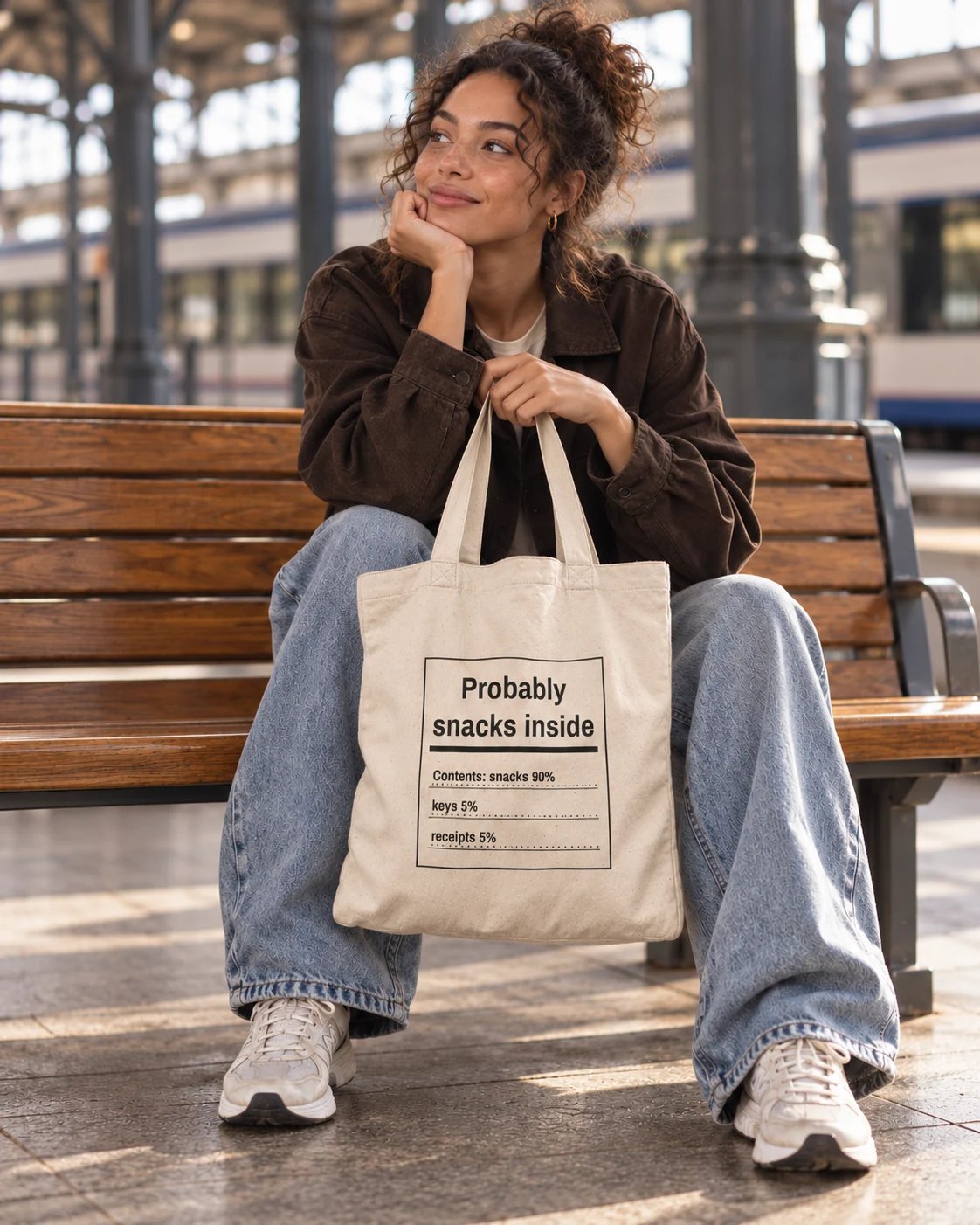 Carrynote probably snacks inside tote in a styled digital lifestyle image.