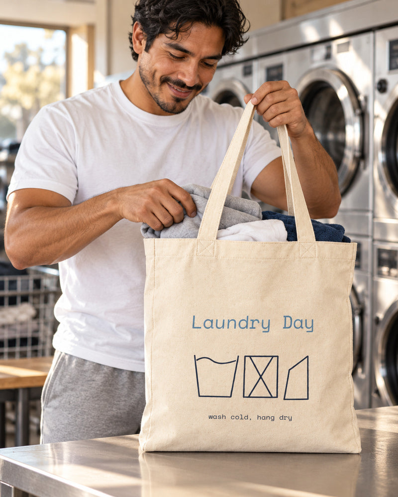 Latino man carrying a natural canvas tote printed with “Laundry Day” in sky, navy. Styled digital image.