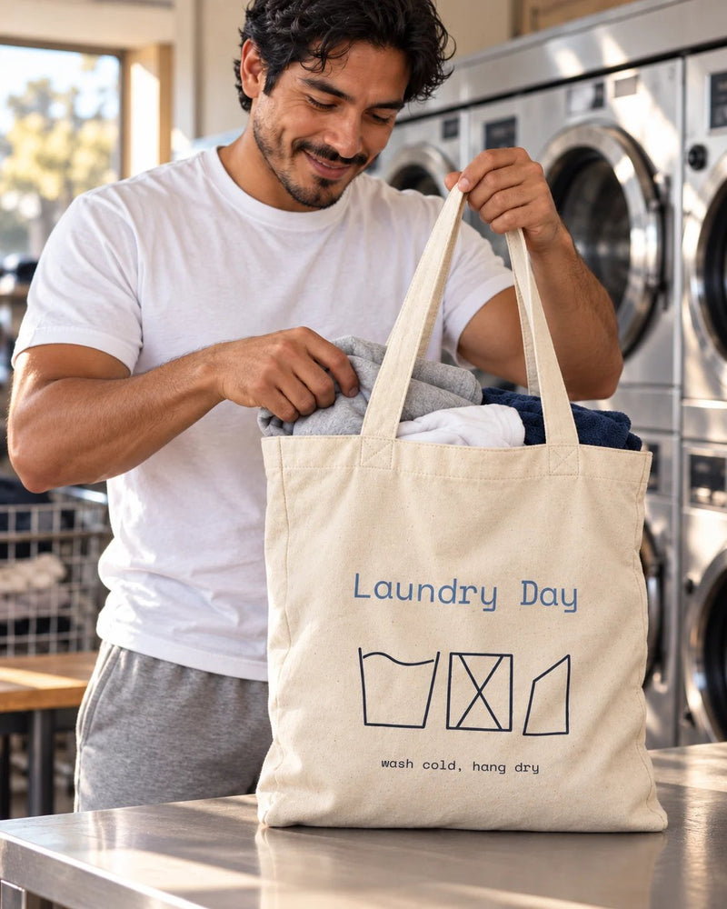 Latino man carrying a natural canvas tote printed with “Laundry Day” in sky, navy. Styled digital image.